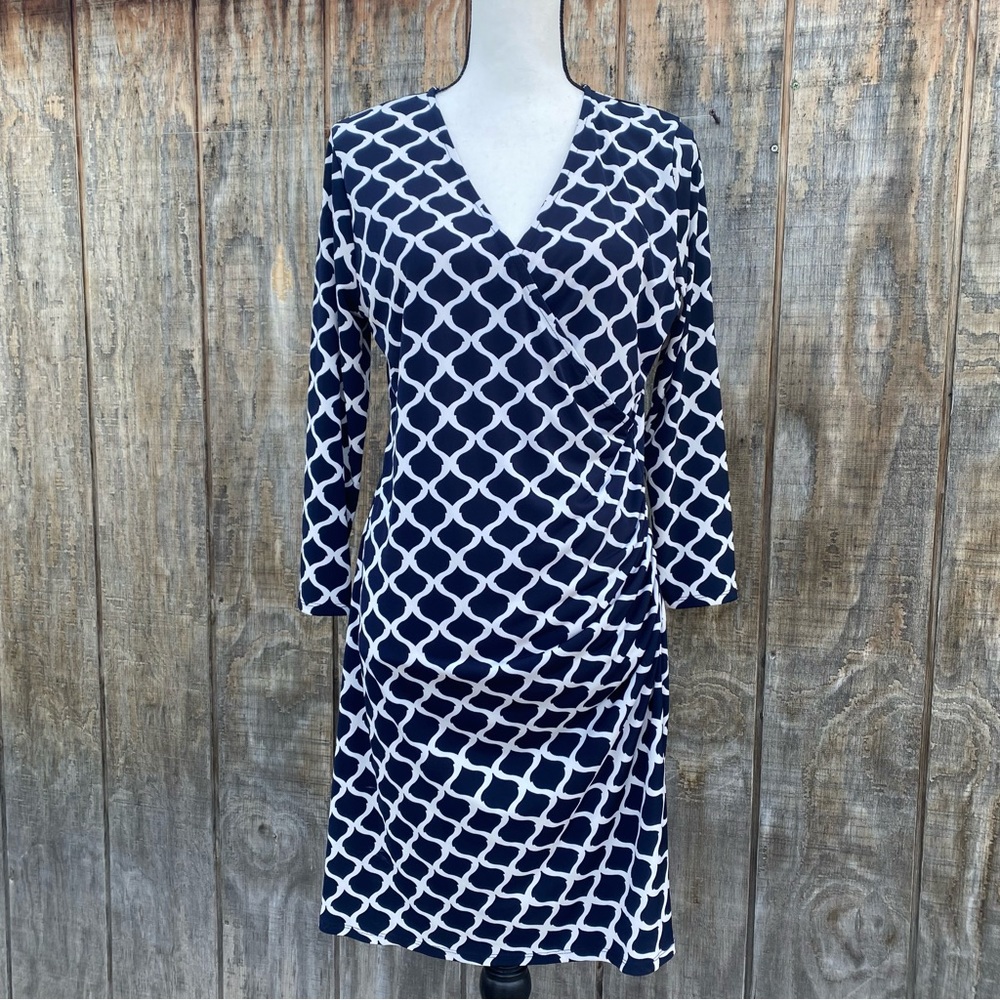 Charming Charlie’s White and Blue Pattern Faux Wrap Dress Size Medium